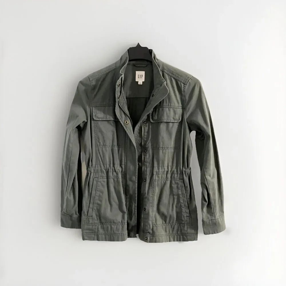 GAP Core Utility Jacket Military Anorak Full Zip Drawstring Waist Olive Green XS - Picture 3 of 15